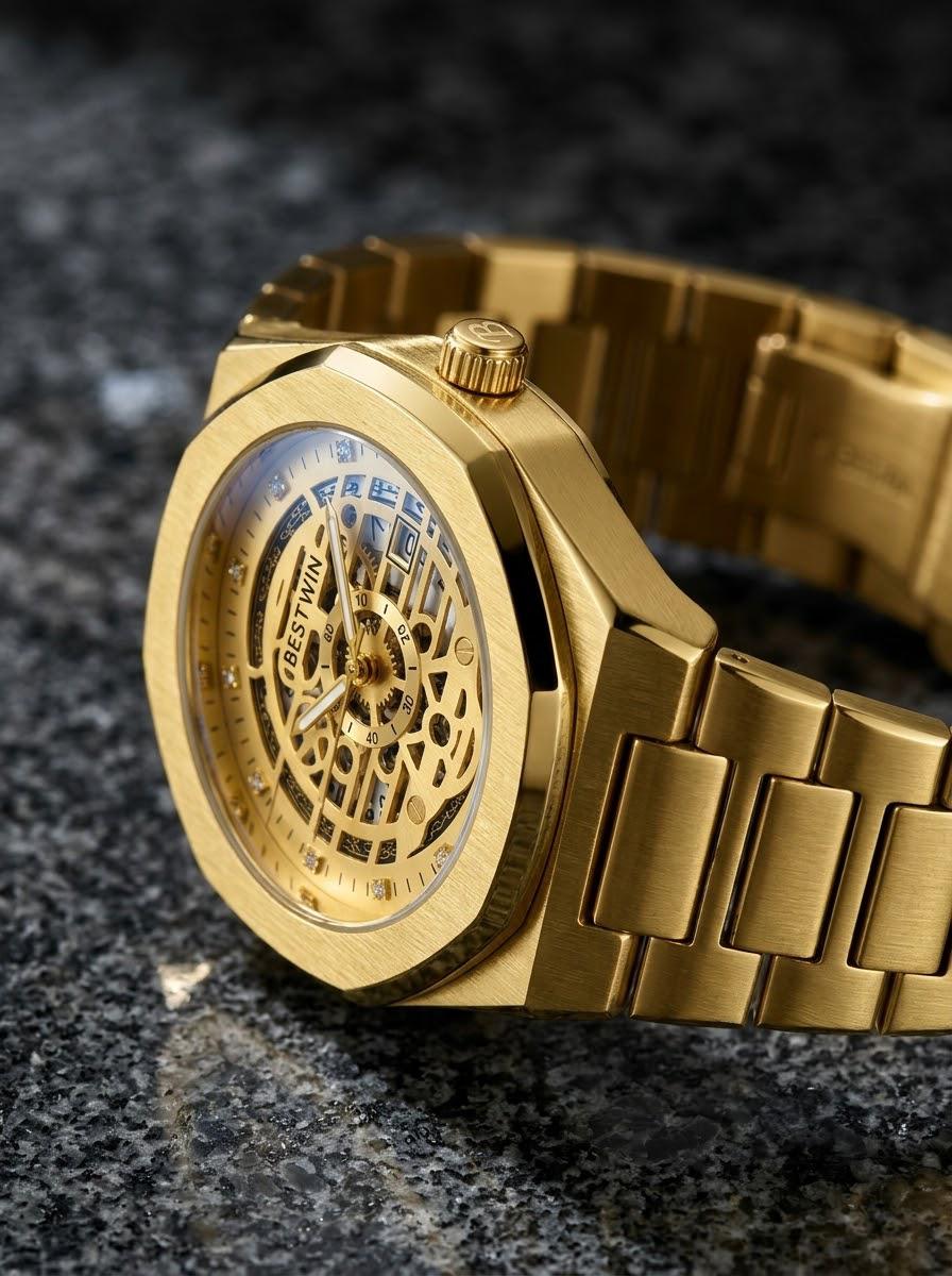 BESTWIN All-Gold Full Skeleton Mechanical Style Watch