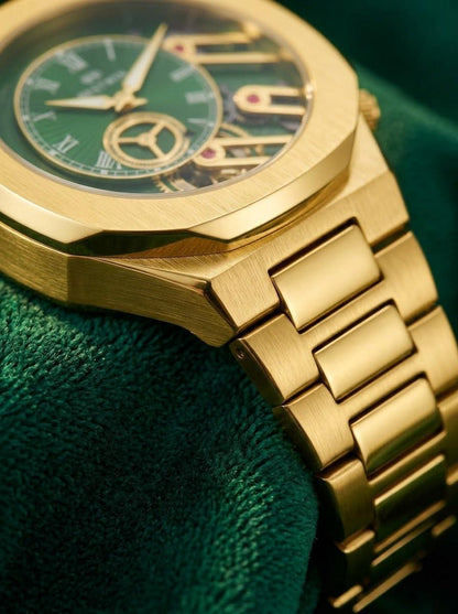 BESTWIN Gold & Emerald Green Skeleton Mechanical Style Watch