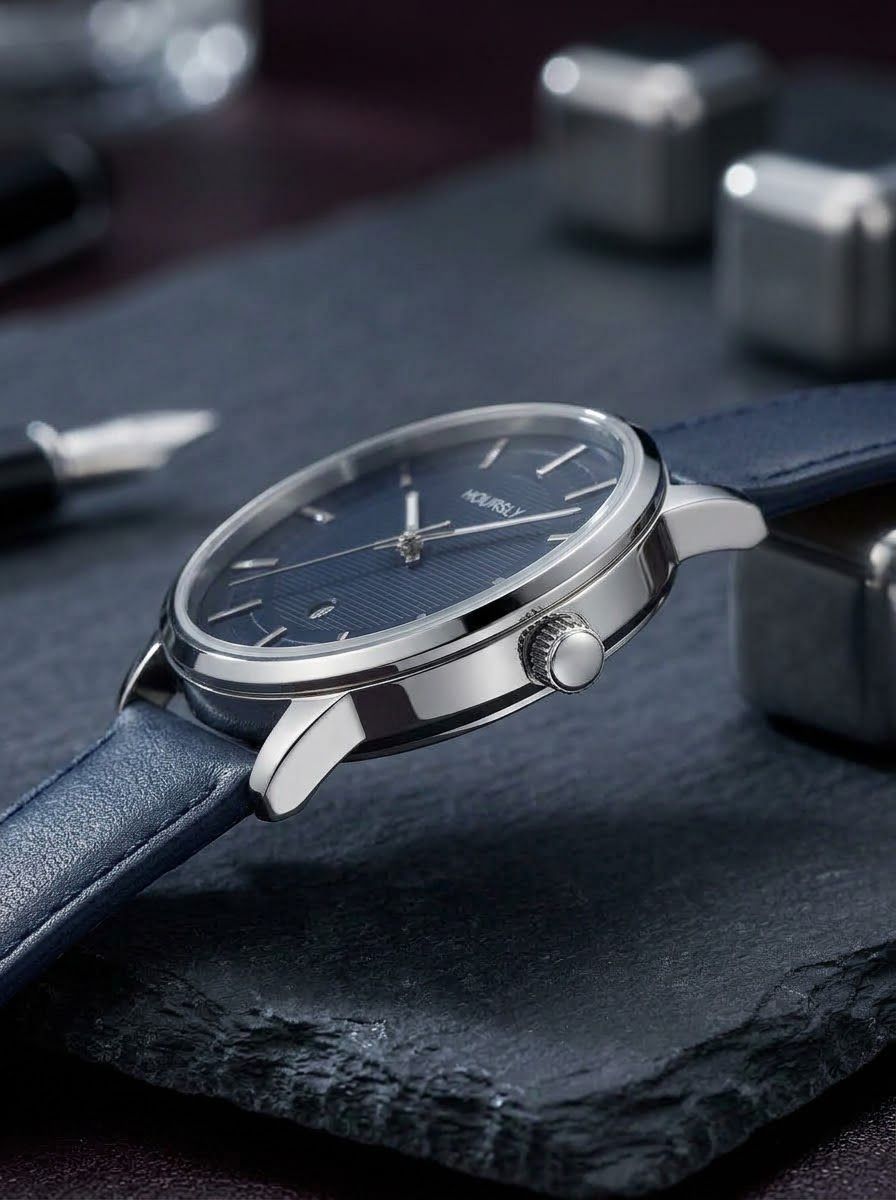 HOURSLY Classic Midnight Blue Leather Quartz Watch