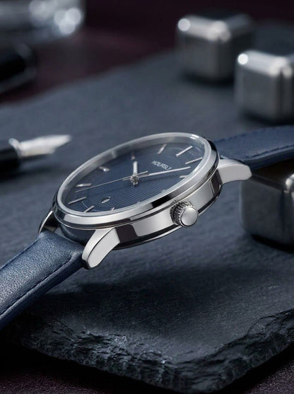 HOURSLY Classic Midnight Blue Leather Quartz Watch