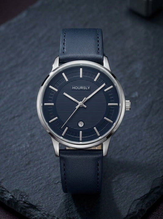 HOURSLY Classic Midnight Blue Leather Quartz Watch