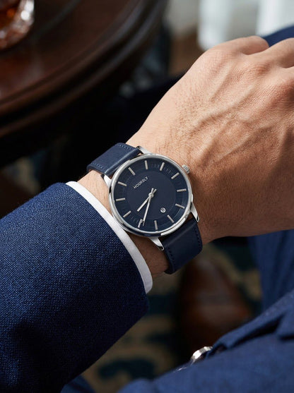 HOURSLY Classic Midnight Blue Leather Quartz Watch