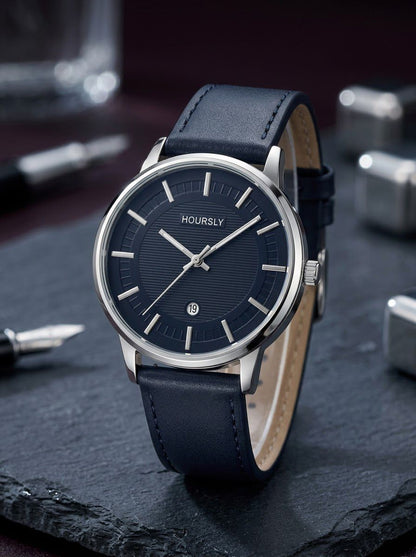 HOURSLY Classic Midnight Blue Leather Quartz Watch